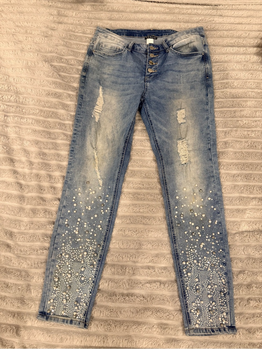 VENUS Light Blue Skinny Jeans with Pearl & Rhinestone Accents